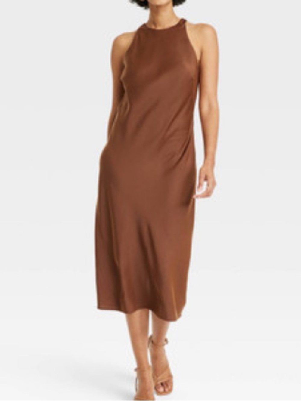 A New Day - Brown Satin High Neck Midi Sleeveless Dress - S